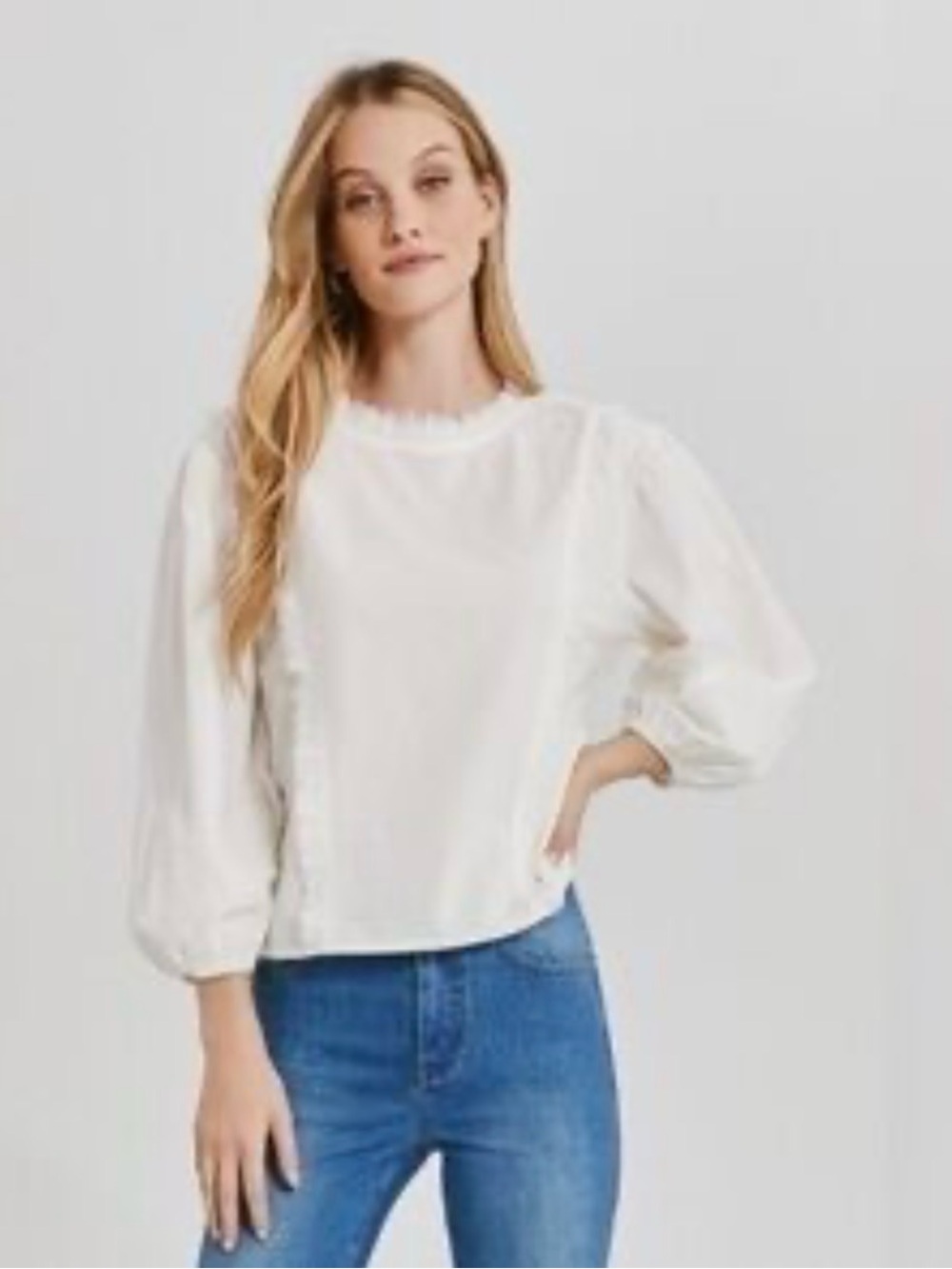 Something Navy White Puff-Sleeve Blouse with Ruffle Trim